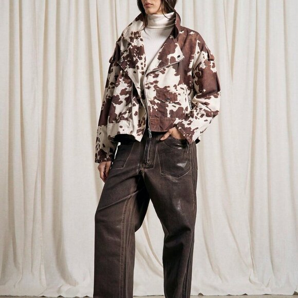 Casual Women's Cow Print Denim Jacket Western Distress contemporary - Picture 5 of 5